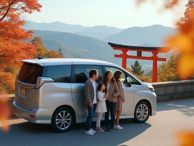 楽しそうにミニバンから降りる家族